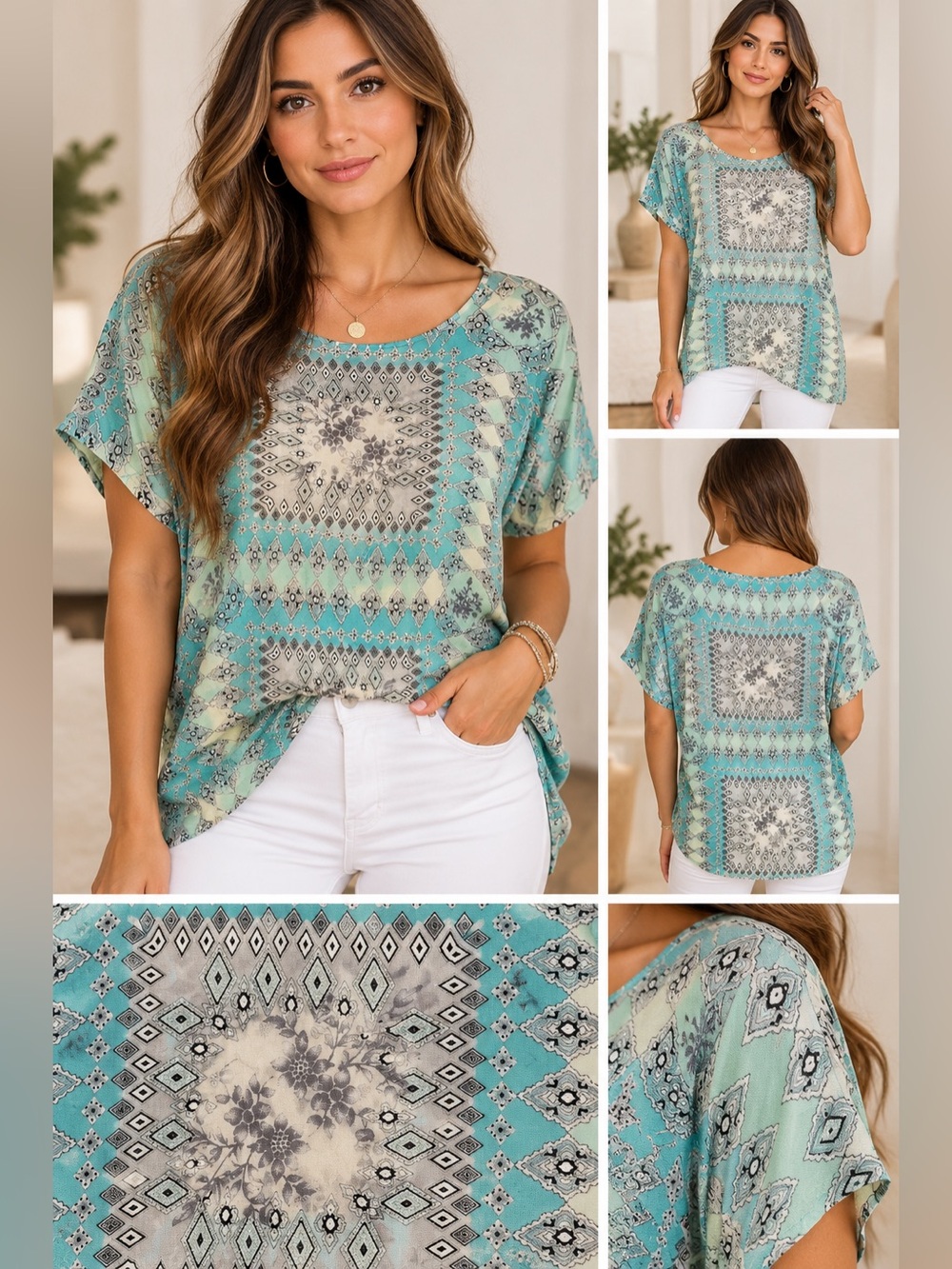 Johnny Was Cupra Rayon Boho Medallion Tunic Top Aqua Gray Size M